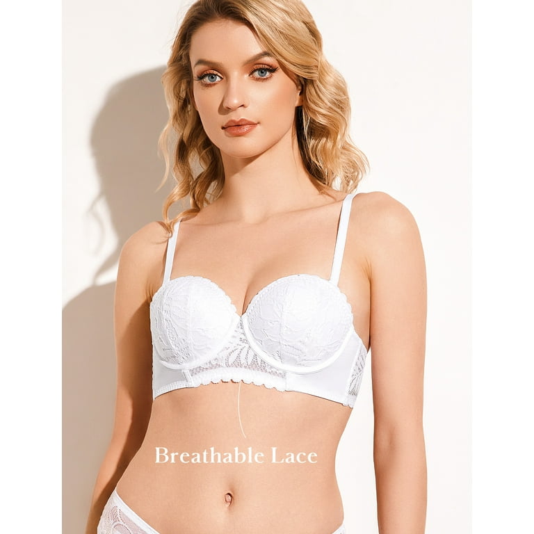 Deyllo Women's Push Up Strapless Bra Lace Underwire Full Coverage Multiway  Invisible Bras,White 36D