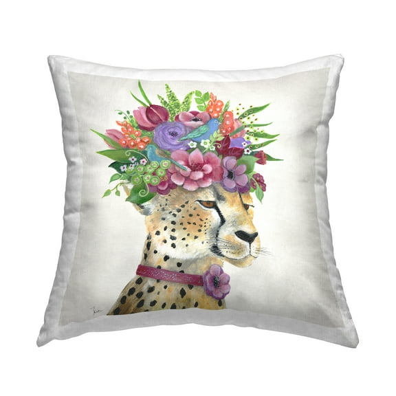 Stupell Industries Majestic Cheetah Mixed Flower Crown Arrangement Design by Tava Studios Throw Pillow