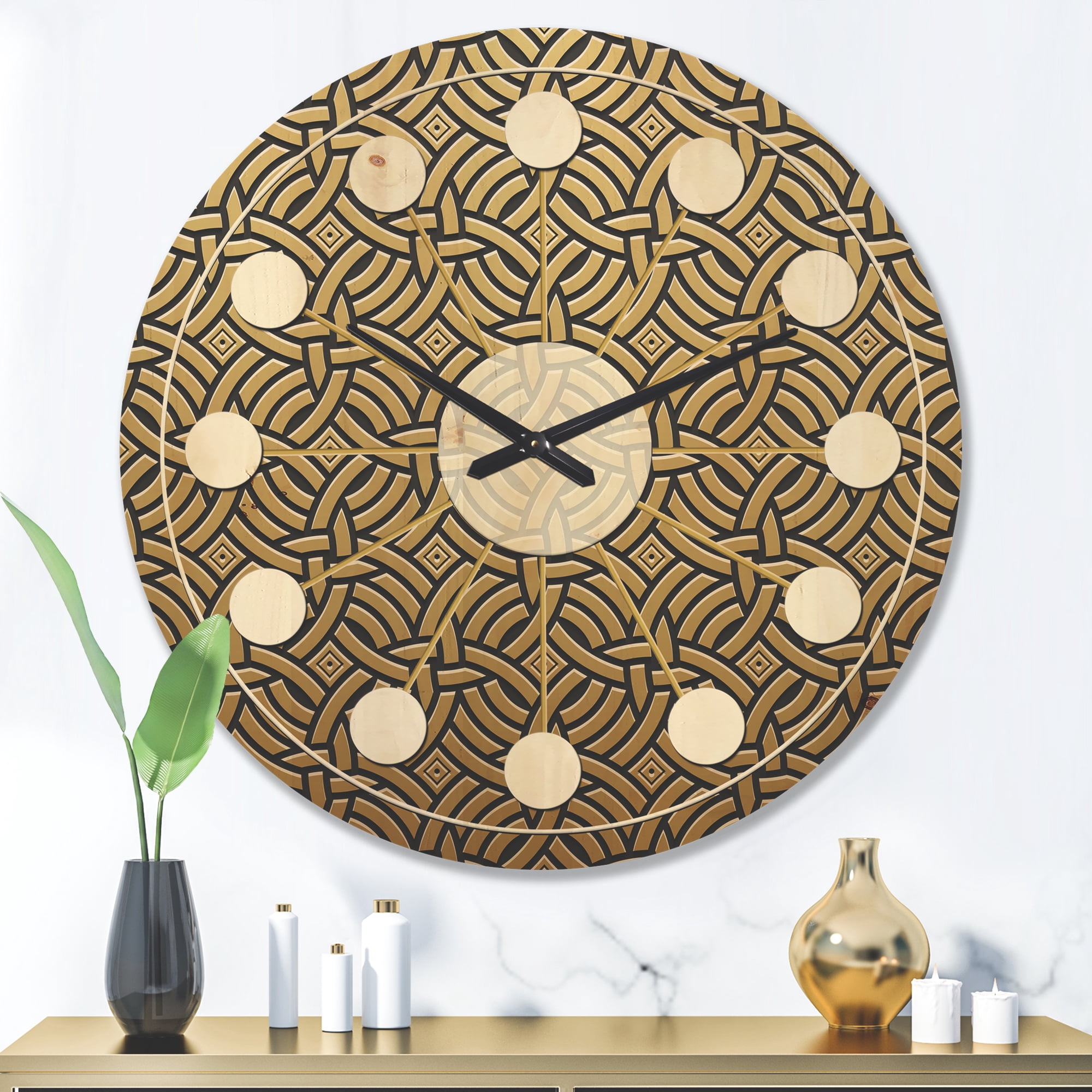 Designart 'Metallic Golden Luxury Geometrics XII XXI' Mid-Century Modern Wood Wall Clock