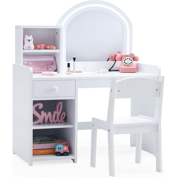 Kids Vanity with Lights, Princess Vanity Set with Drawer and Storage Shelves, 2 in 1 Toddler Makeup Vanity with Lighted Mirror, Girls Vanity Set with Stool for Little Girls (White)