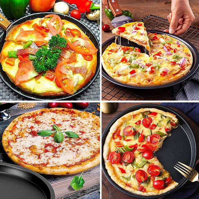 Molde para pizza, molde para pizza redondo antiadherente de acero al carbono, base plana, plato para hornear pizza con molde para pizza redondo binaural, juego de moldes para pasteles de 1 pieza ZefeiWu 8390614097025