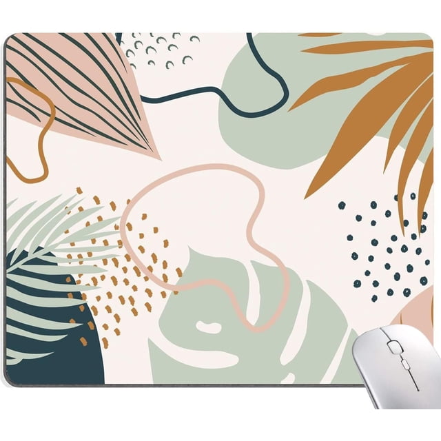 Boho Abstract Mouse Pad - Premium-Textured Square, Waterproof Non-Slip Rubber Base, Modern Tropical Leaves, Ideal for Office Laptop Desk