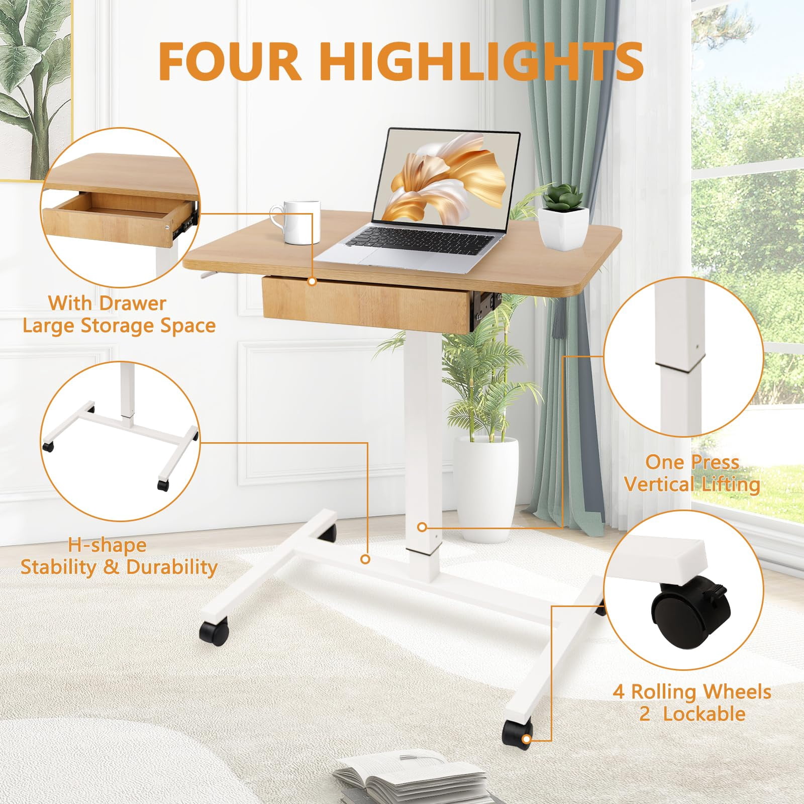 CLATINA Mobile Laptop Standing Desk, Height Adjustable Teacher Podium with Lockable Wheels, Adjustable Work Table with Drawer, Computer Cart Overbed Table for Home Office Classroom, Beige