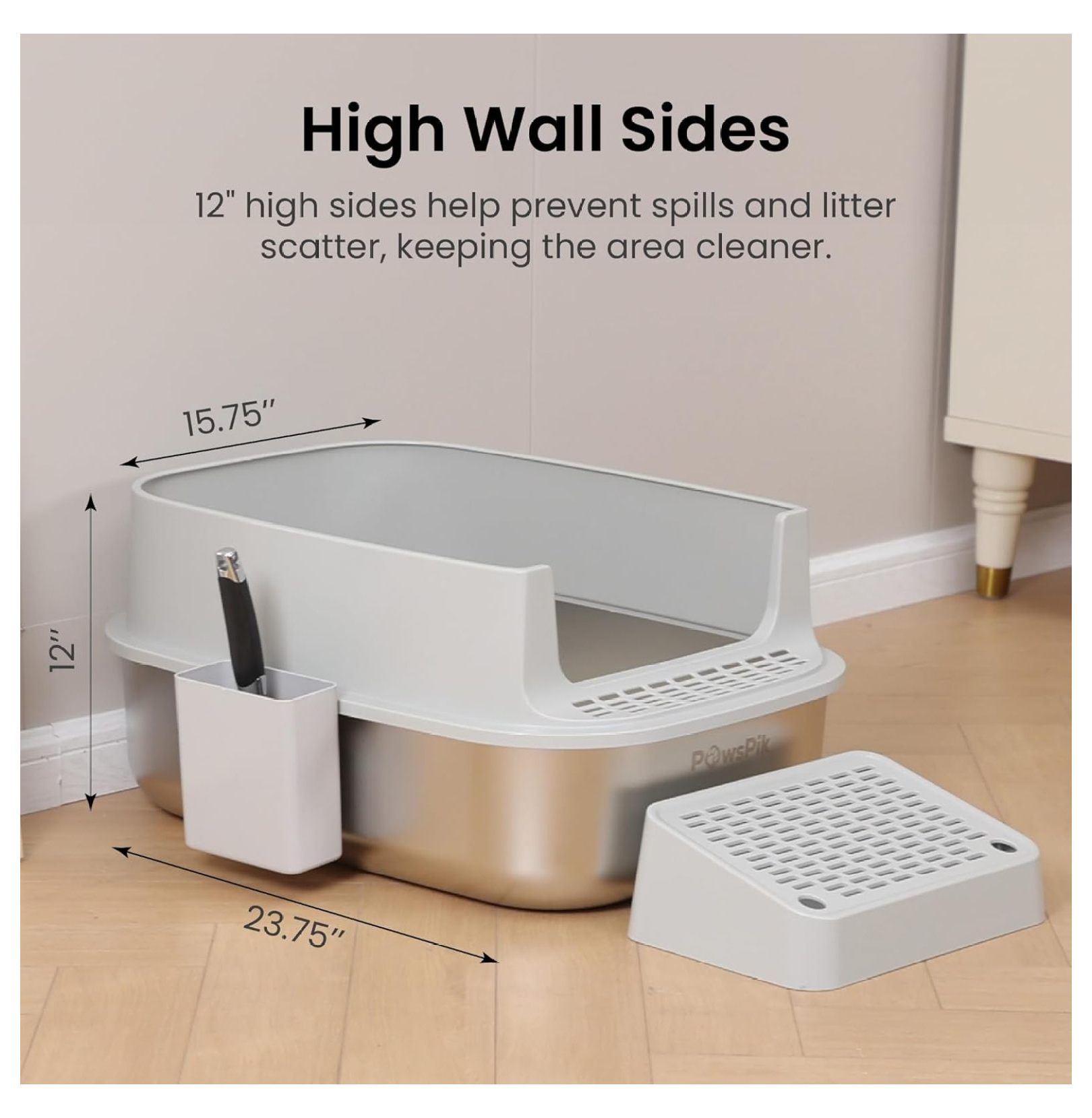 Enclosed XL Stainless Steel Litter Box with high Wall Sides, Leak-Resistant, Easy Cleaning, with Lid, Step, and Metal Scooper (Light Gray)