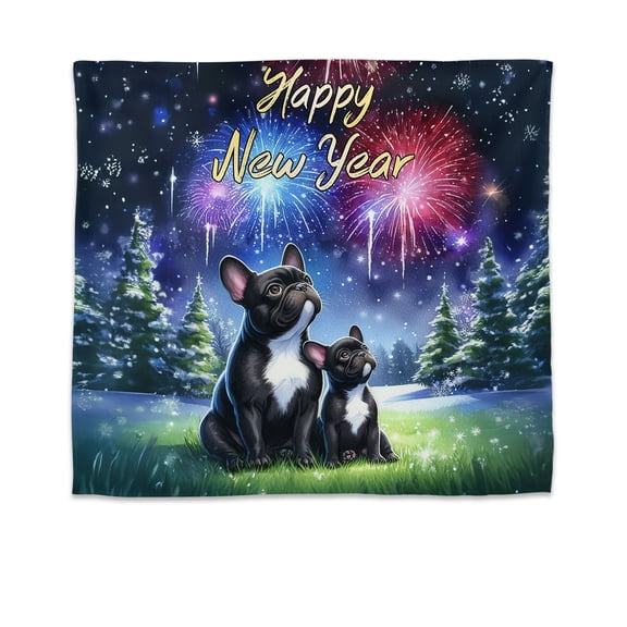 Happy New Year French Bulldog Family Cheer Winter Midnight Firework Tapestry Dog Lover Gifts Wall Hanging Backdrop Home Decor - 02025