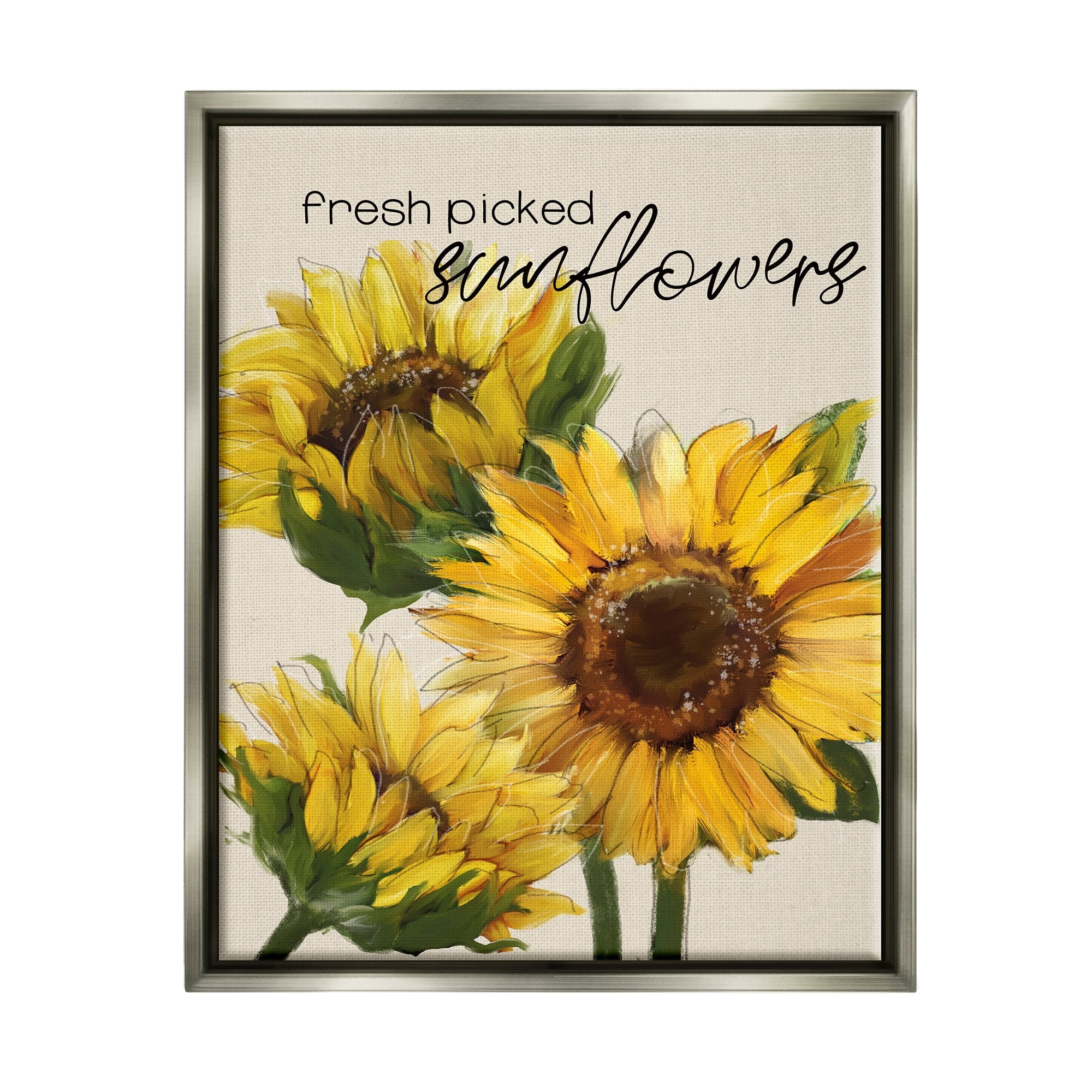 Stupell Industries Fresh Picked Sunflowers Calligraphy Vivid Yellow Blossoms Graphic Art Luster Gray Floating Framed Canvas Print Wall Art, Design by Conrad Knutsen