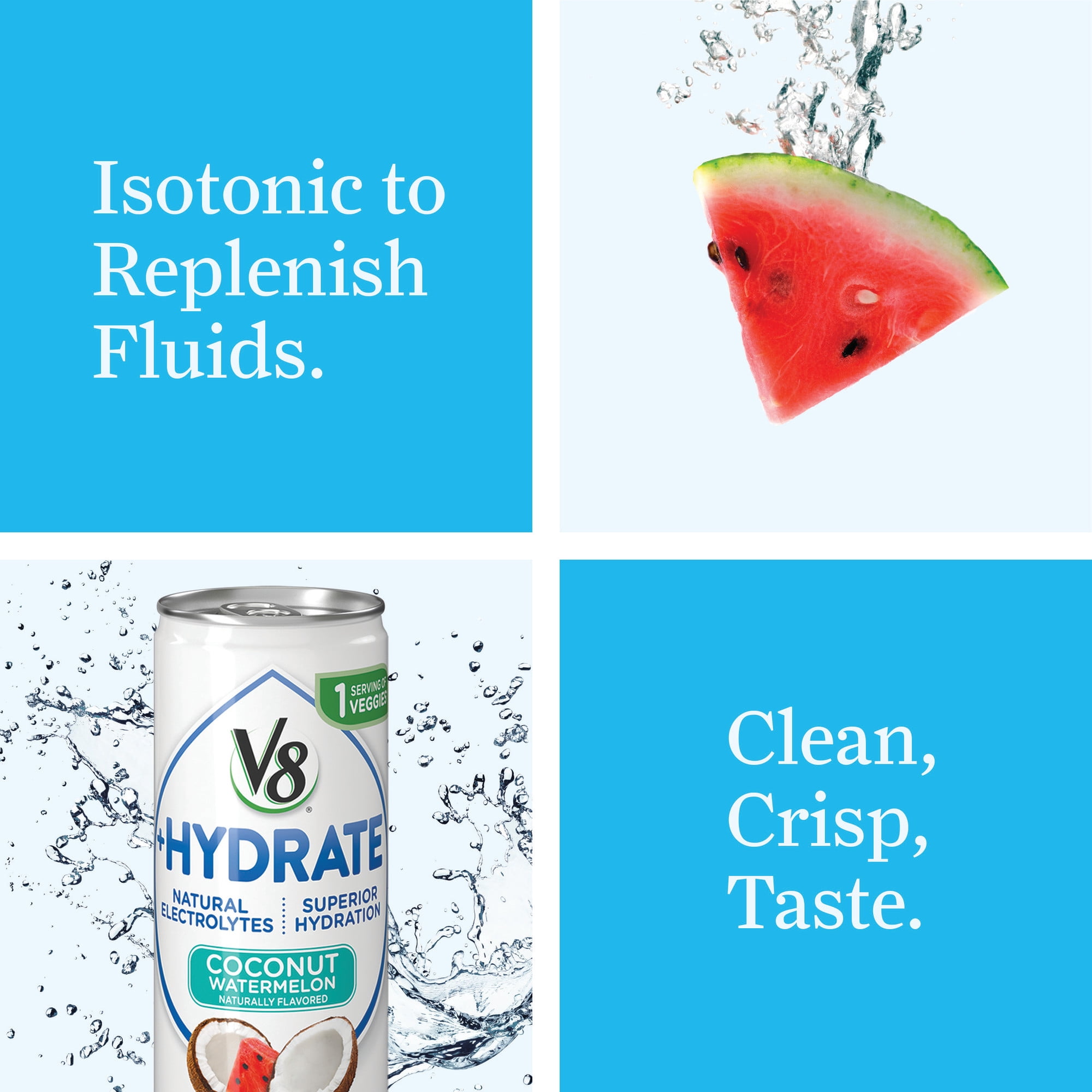 V8 +Hydrate Plant-Based Hydrating Beverage, Coconut Watermelon, 8 oz. Can (Pack of 6)
