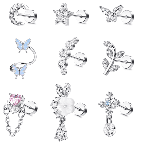 9Pcs Cartilage Earrings Helix Earrings for Women Stainless Steel Helix Piercing Jewelry Leaf Butterfly CZ Studs Flat Back Cartilage Earrings Set