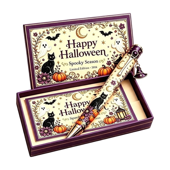 StlyGar Spooky Halloween Decorative Ballpoint Pen with Gift Box Witch Hat Charm Vintage Print Plastic Pen Elegant Holiday Stationery Gift for Teens