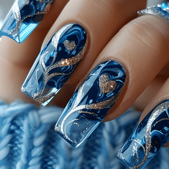 24pcs with Gold Glitters Heart Art Blue Square Styles Manicure Nails Accesories for Women and Girls