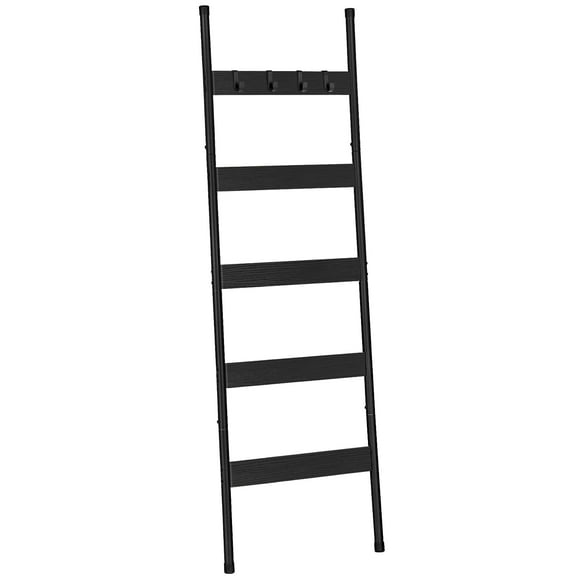 Hoobro Blanket Ladder, 5-Tier Towel Rack With Hooks, Wall-Leaning Blanket Rack, Decorative Display Ladder Shelf, Scarves, Industrial, Living Room, Bedroom, Black Bb52Cj01