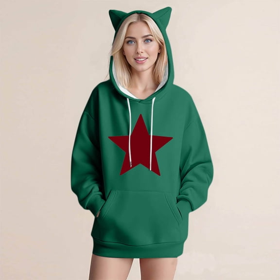 AGWOLF Star Graphic Hoodies foer Women Oversized Cat Ears Hooded Sweatshirts Cute Long Sleeve Drawstring Pullover Tops Preppy Shirts