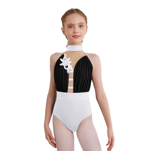 Haitryli Girls' Ballet Dance Gymnastics Bodysuit With Flower Rhinestone Pattern Classical Dance Leotard Cha Cha Unitard White Black 16