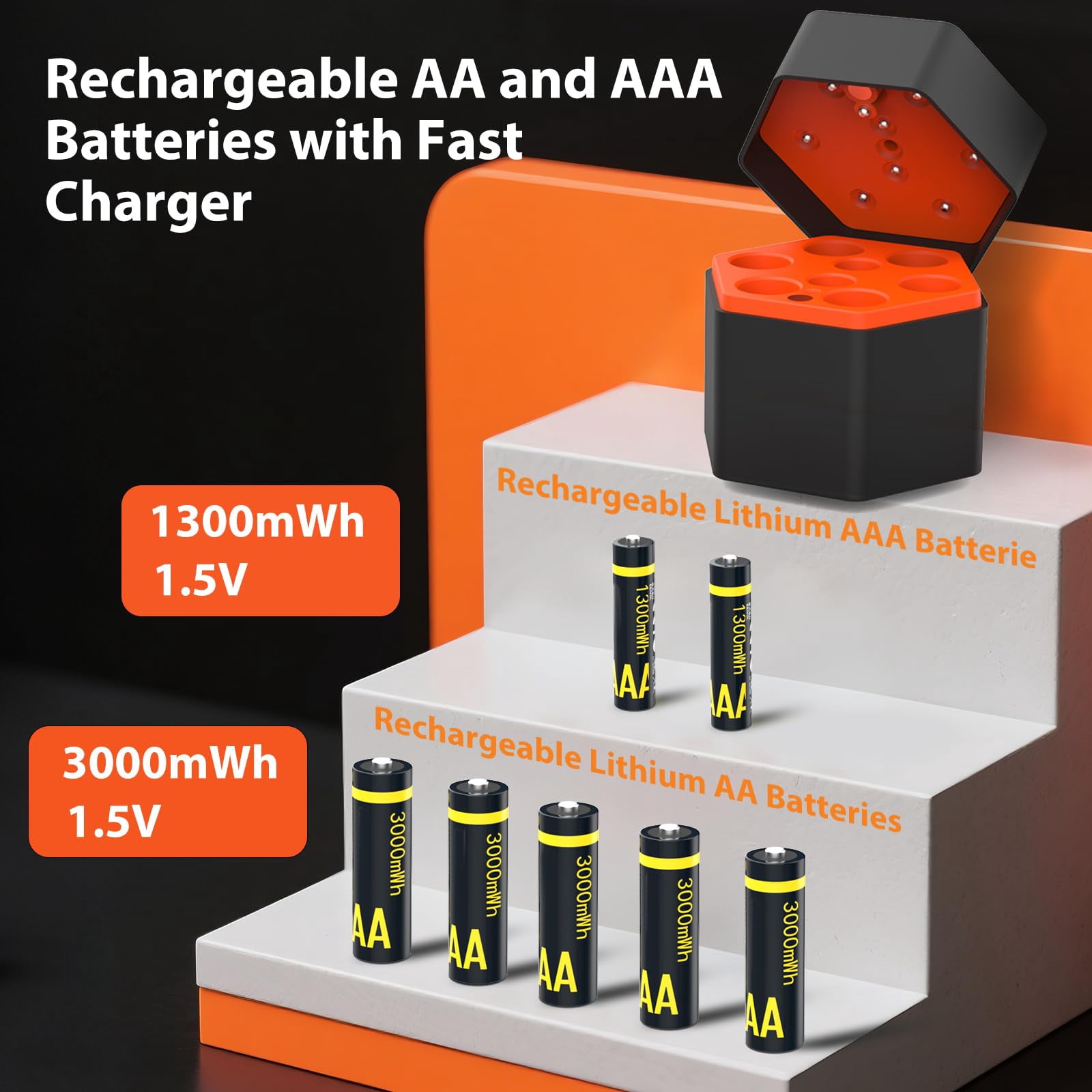 Rechargeable 6 AA and 2 AAA Batteries Lithium with Fast Charger, 8 Pack 1.5V Rechargeable Lithium Batteries, 1600 Cycles Long Lasting Battery with Integrated Charging Storage Box