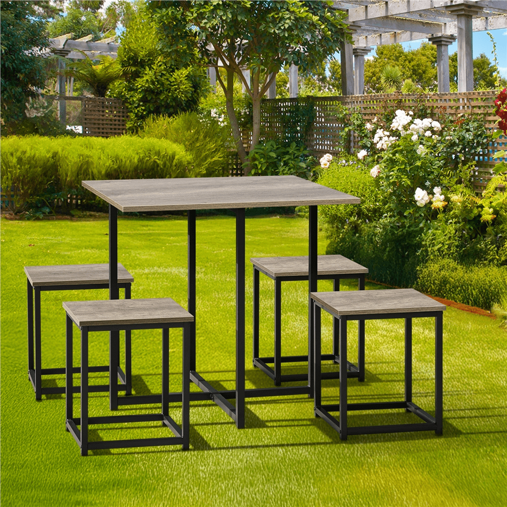 Renwick 5-Piece Dining Set with Industrial Square Table and 4 Backless Chairs, Gray