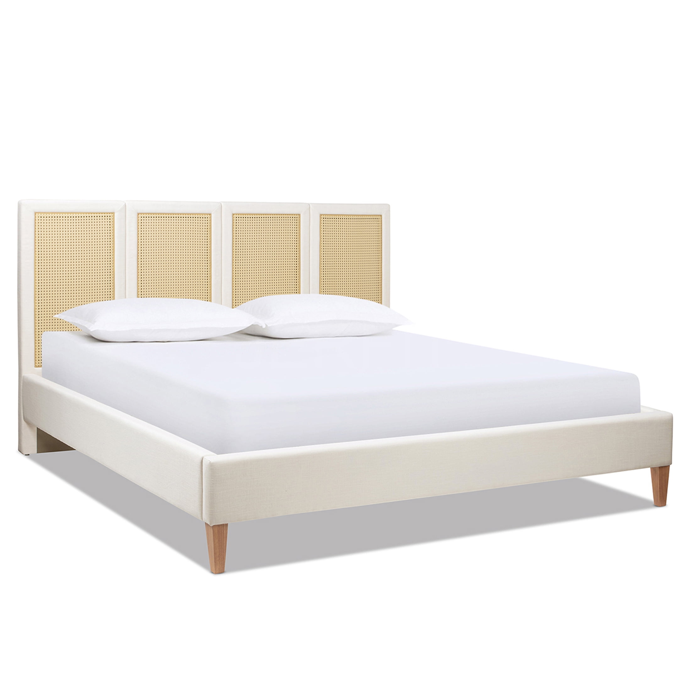 JERFIT King Size Upholstered Platform Bed Frame with Cane Rattan Headboard, Bohemian Coastal Bedroom Furniture in Antique White