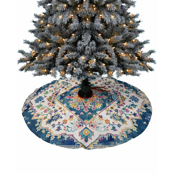 Navy Blue Yellow Christmas Tree Skirt 48 Inches Large Christmas Skirt Tree, Boho Southwestern Ethnic Mexican Flowers Tree Skirt Christmas Decorations for Fireplace Party Holidays Indoor Outdoor