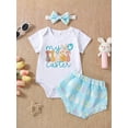 thumbnail image 2 of Newborn Baby Girl Easter Outfit Short Sleeve Letter Print Romper Bunny Shorts Headband 3Pcs Summer Clothes Set, 2 of 8
