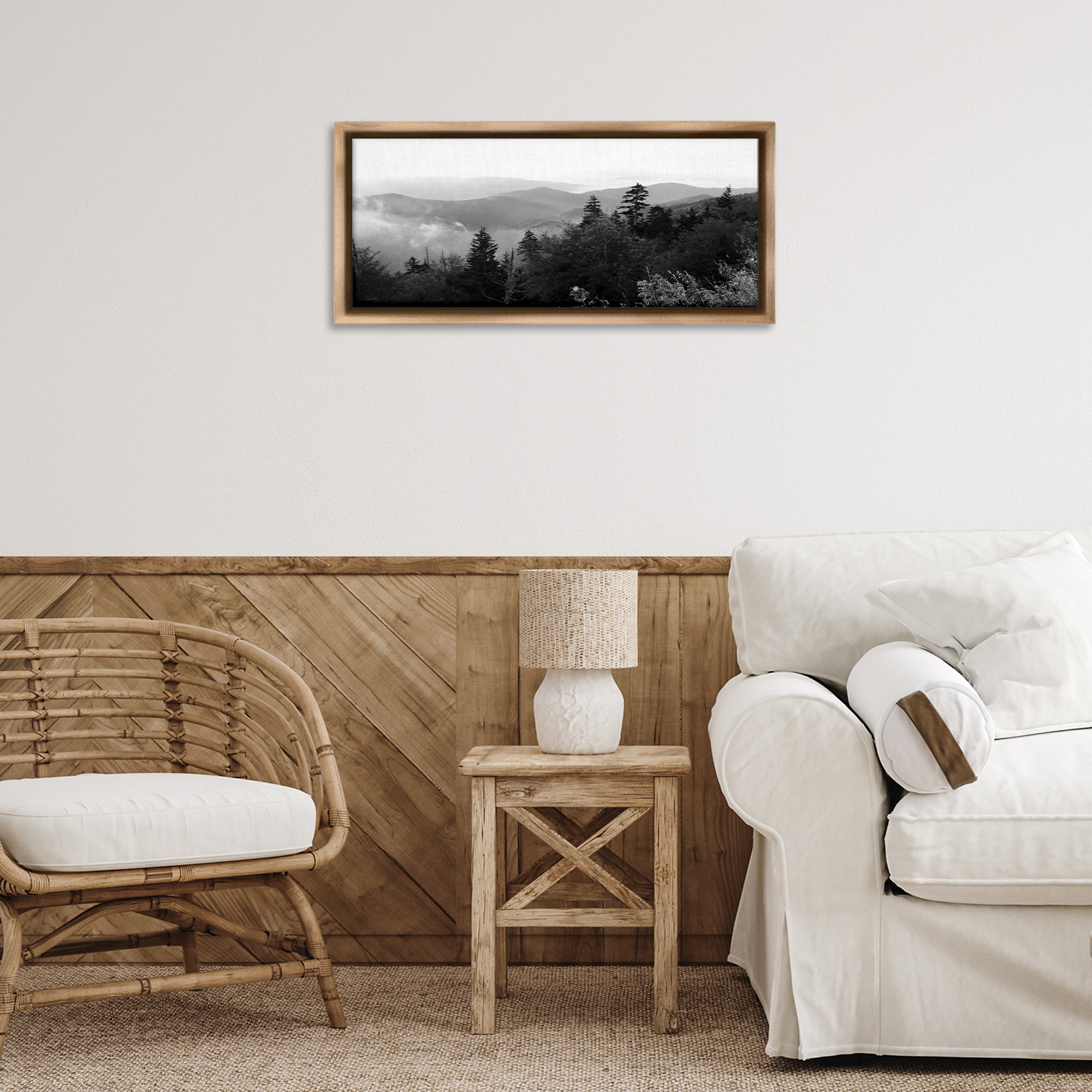 Stupell Industries Mountainous Trees Horizon Landscape & Nature Photography Brown Floater Framed Canvas Art Print Wall Art, 25 x 11
