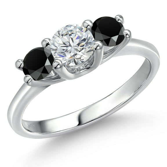 Gem Stone King 14K White Gold White Lab Grown Diamond & Black Onyx 3-Stone Engagement Ring | 0.94 Cttw | Round 5MM and 4MM | Three Stone Wedding Anniversary Promise Ring for Women (Size 7)