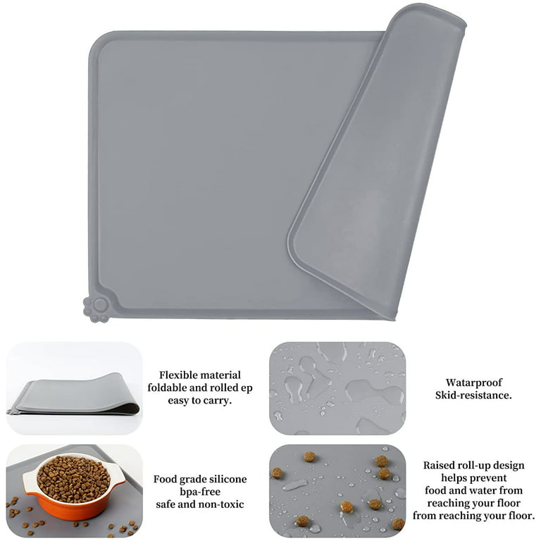 Gray Dog Food Mat, Small 18.5 x 11.5 Pet Bowl Mat for Food and Water,  Non-Slip Silicone Dog Cat Placemats for Small Pet, Waterproof Dog Feeding  Mat 