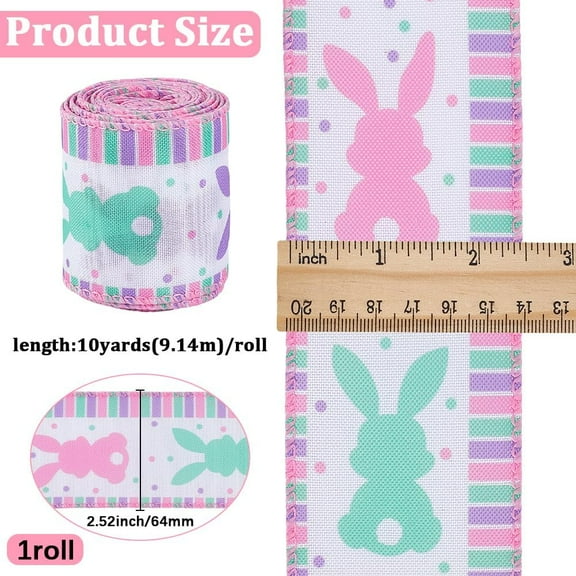 1 roll 10 Yards Easter Theme Ribbon 2.5 Inch Bunny Wired Edge Ribbons Farmhouse Polyester Rabbit Dot Printed Decoration for Easter Wrapping Wreath Decor DIY Craft Hair Bows Baskets