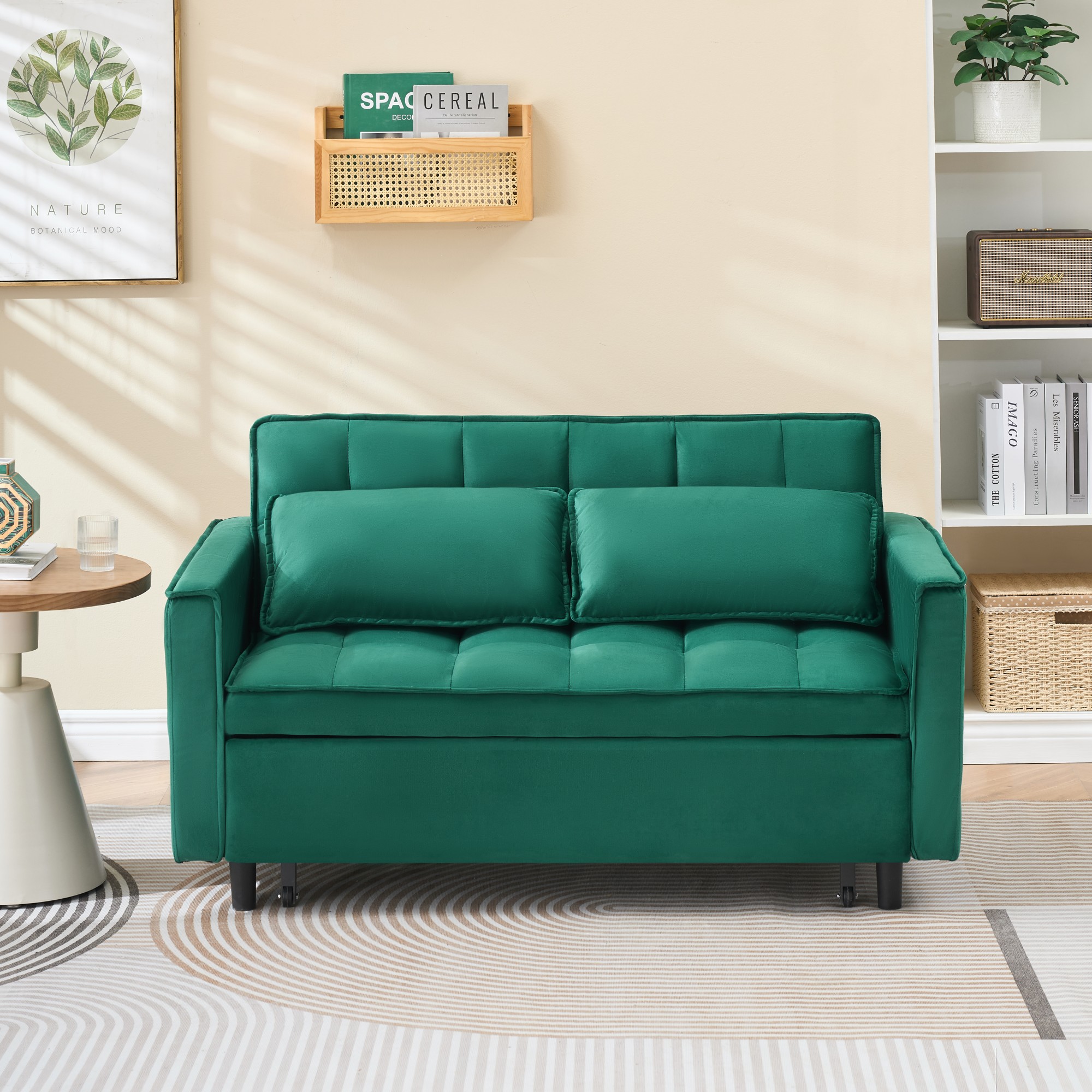 Gewnee 55''3 in 1 Convertible Modern Pull Out Couch Bed,Adjustable Backrest,Velvet Loveseat Futon Sofa with Pillows & Pockets for Living Room,Apartment.(Green)