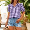 thumbnail image 2 of TEAJOPSUU Plaid Tops for Women V Neck Short Sleeve Button Down Placket Shirts Trendy Puff Sleeve Solid Color Blouses Purple, 2 of 8