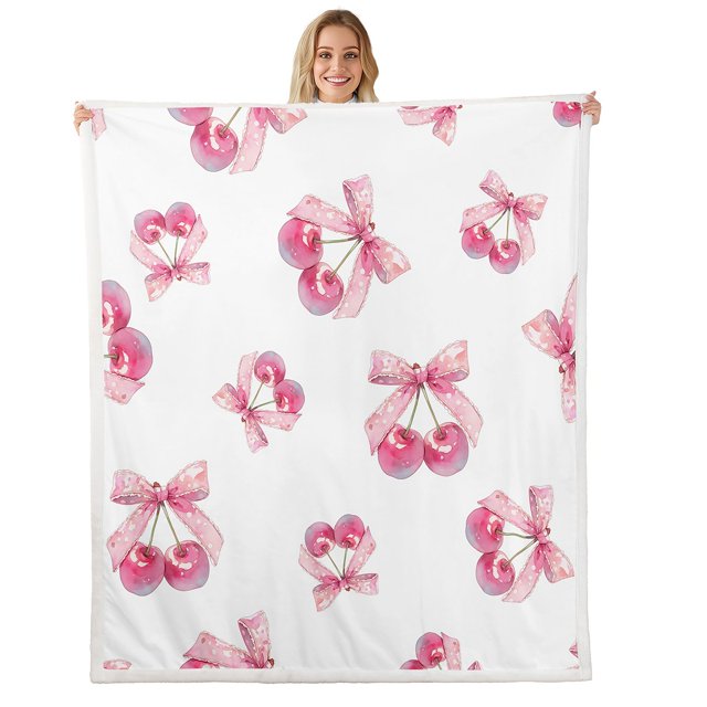 Erosebridal Cartoon Ribbon Sherpa Blanket, Bow Cherry Fuzzy Blanket Throw, Pink