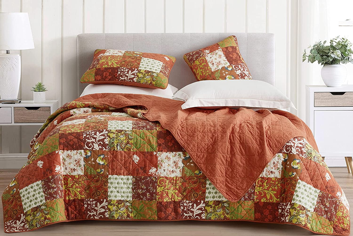 Chezmoi Collection Leilani 3-Piece Boho Washed Cotton Quilt Set Queen Size - Bohemian Quilted Bedding Orange Green White Floral Printed Patchwork Lightweight Bedspread Set for All Season