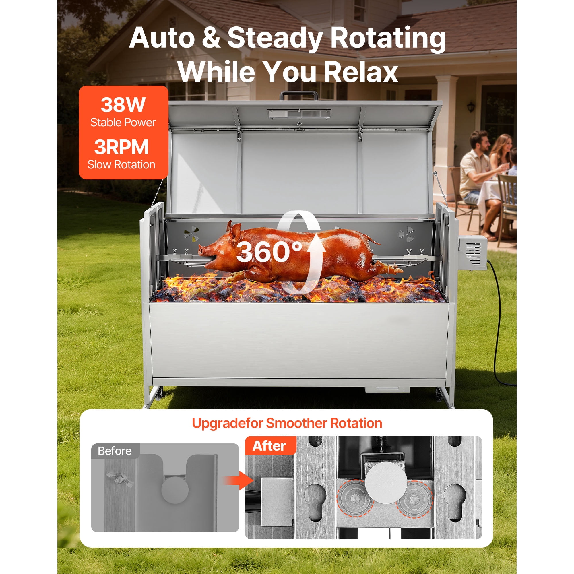 KFFKFF Rotisserie Grill 38W BBQ Outdoor Spit Roaster for Pig & Lamb, Charcoal Roaster with 132 lbs Capacity, Adjustable Height Levels, Wheels, and Stainless Steel Electric Grill Kit for Camping