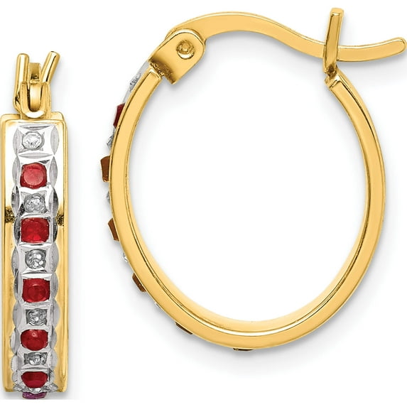 Sterling Silver Gold-Plated Diamond Mystique Dia/Ruby Oval Hoop Earrings (19 X 14) Made In United States qdf134