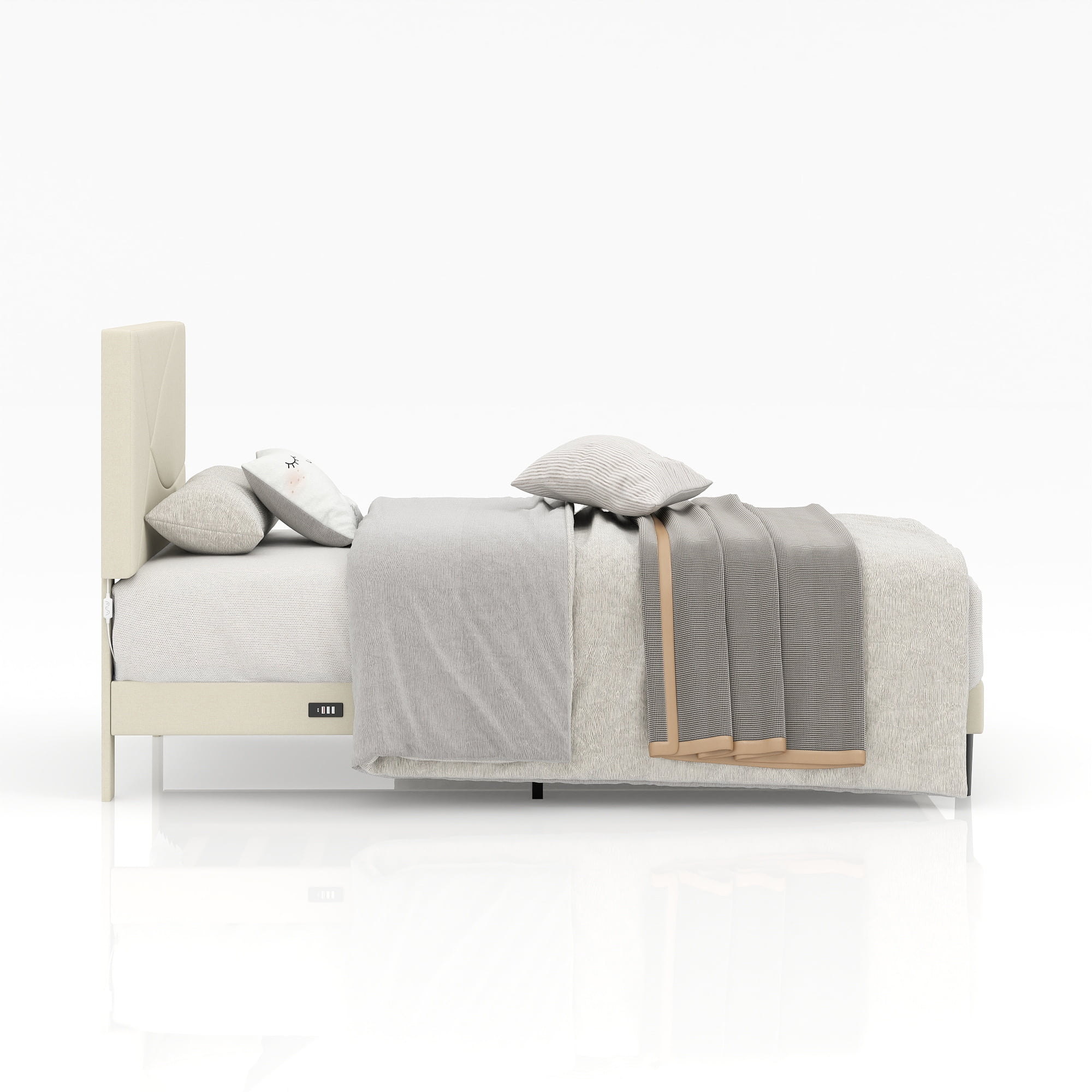 Homy Casa Upholstered Twin Bed with Tech Charging and LED Lights, Modern Headboard, Beige