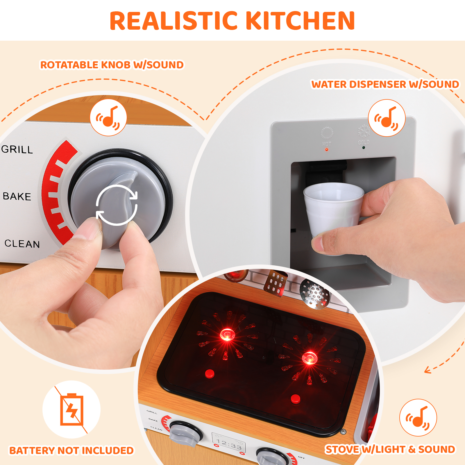 Arlopu Wooden Kids Play Kitchen - Orange with Sound & Light photo 5