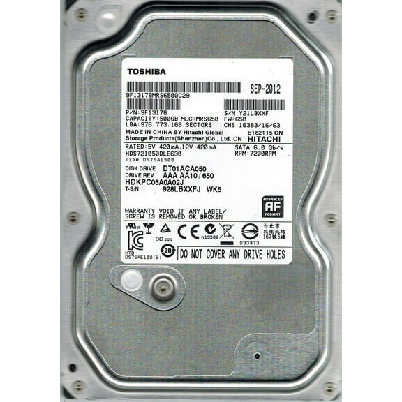 Toshiba HDS721050DLE630 MLC: MRS650 P/N: 9F13178 DT01ACA050 AAA AA10/650