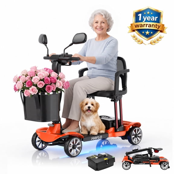 Havlo 4-Wheel Mobility Scooter for Seniors & Adults, 12.4-Mile Range, Removable Lithium Battery, Wider Adjustable Seat & Armrests, Foldable Electric Mobility Scooter for Everyday & Outdoor Use,Orange