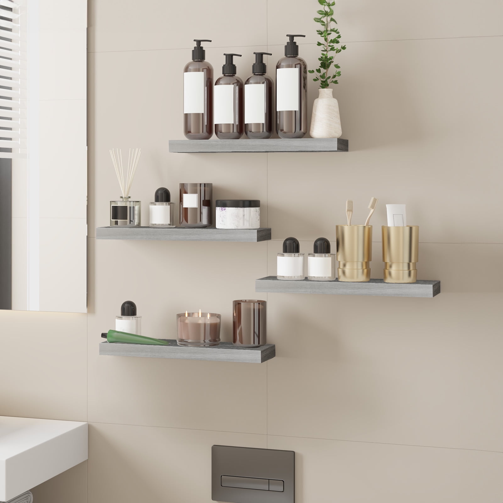 Fairy 15.8in Floating Shelves, Wall Shelves Set of 4, Shelves for Wall Decor, with Invisible Brackets, 15.8x1.2x5.5, Gray