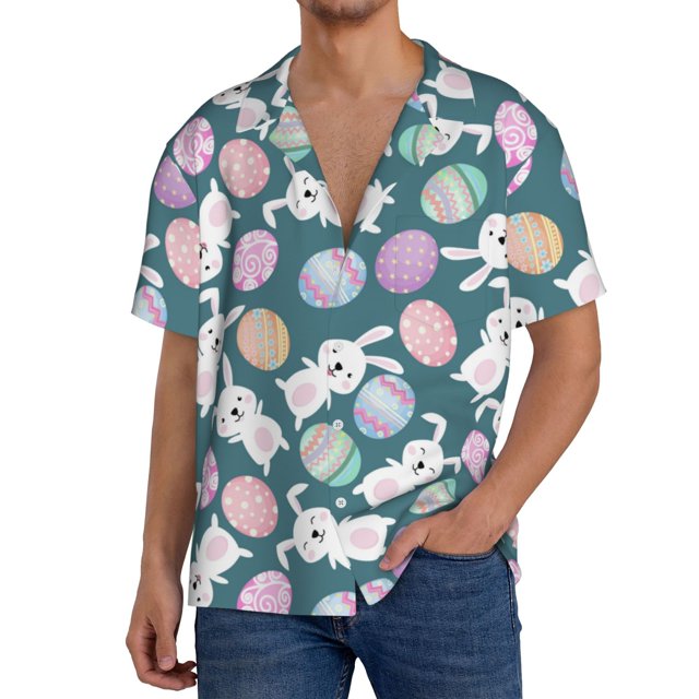 Fotbe Cute Rabbit Easter Camisa Estampada de Manga Corta para Hombre, Casual de Verano, Estilo Playero, Sin Arrugas-Small