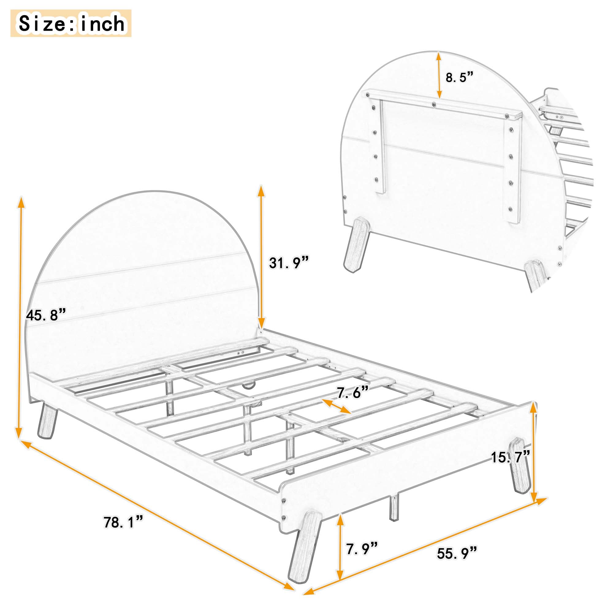 Aukfa Platform Bed for Kids, Full Size Bed Frame with Semi-circular Headboard, Wooden - White