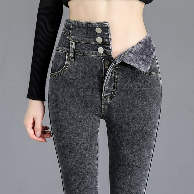 Pantalones vaqueros térmicos de lana gruesa para mujer, Jeans ajustados cálidos de cintura alta, pantalones de lápiz elásticos con botones, Jeans de terciopelo informales para mamá, Invierno