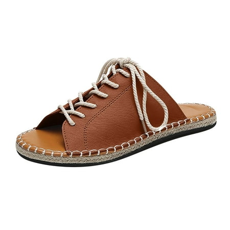 CHOII 50% off Clearance Women s Roman Leisure Large Size Peep Toe Hemp Lace-Up Slipper Sandals Shoes Thong Sandals Slide Sandals for Ladies Cushionaire Sandals Summer Sandals for Women 2024 Camel/6