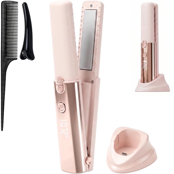 Cordless Hair Straightener and Curler, 2 in 1 Portable Flat Iron with Charging Dock, 4000mAh Rechargeable Battery, 4 Adjustable Temps 284°F-428°F