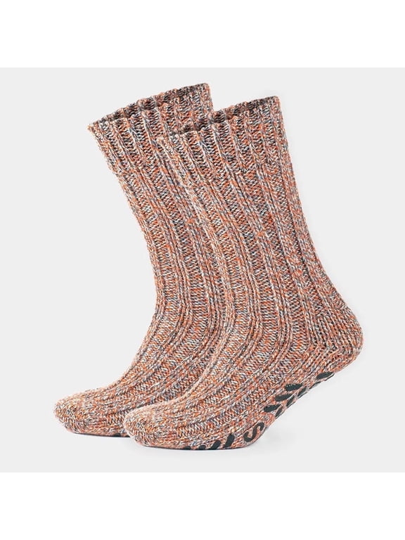 Merino Wool Grip Socks For Women | Orange No-Slip Socks | 2 Pairs | Model: 2043