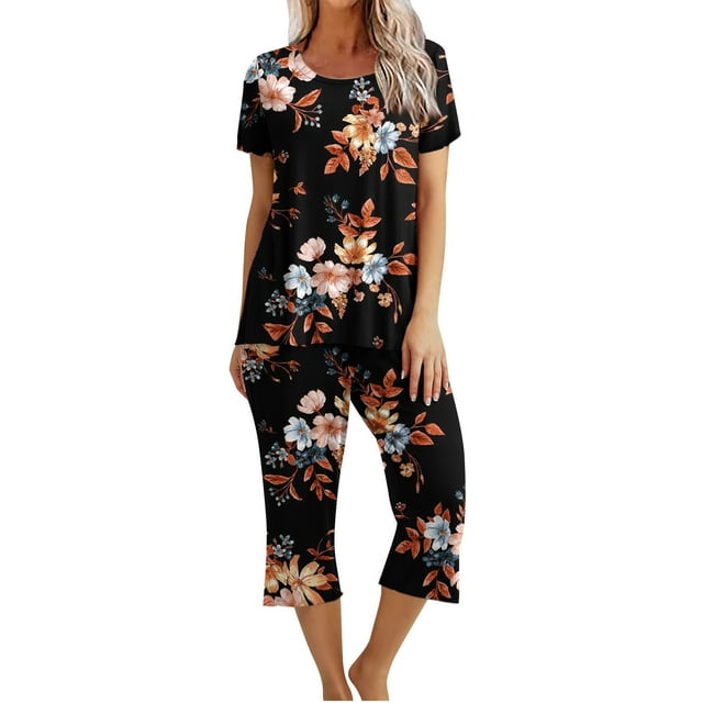 Mikilon Pyjama Décontracté pour Femmes, Ensemble de Sommeil Mode Imprimé à Manches Courtes, Pantalon Capri, 2 Pcs, Col Rond, Tenue de Détente Décontractée avec Poches, Ensemble 2 Pcs, Orange, G