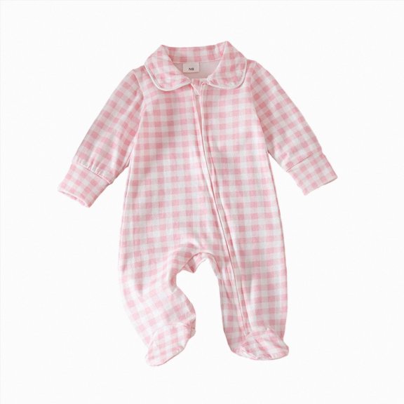 BOBOGOJP Newborn Baby Boy Girl Gingham Footed Romper Peter Pan Collar Infant Long Sleeve Zipper Jumpsuit Coming Home Outfit Red for Size 3-6 Months