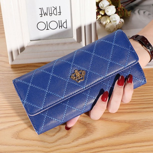 Cartera de mujer larga estilo coreano con hebilla de embrague rombo corona billetera multitarjeta