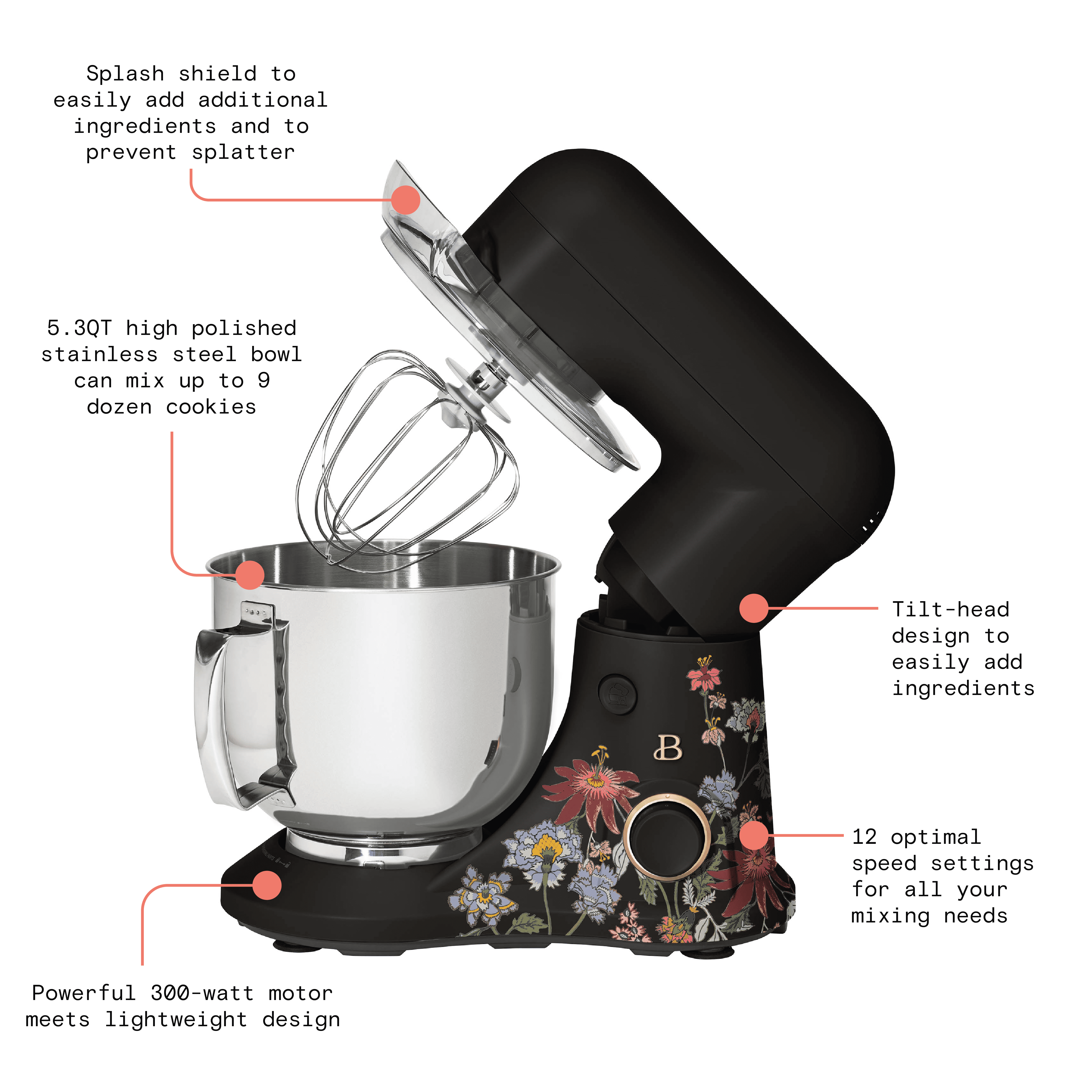 Beautiful 5.3 Qt Stand Mixer with Flat Beater, Dough Hook, Balloon Whisk, Wildflower Black Sesame by Drew Barrymore