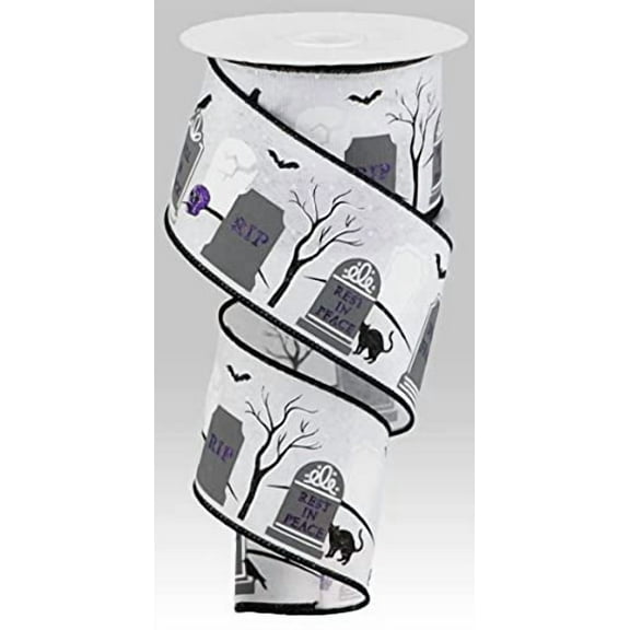 Halloween Graveyard Canvas Wired Edge Ribbon - 10 Yards (White, Grey, Black, 2.5")