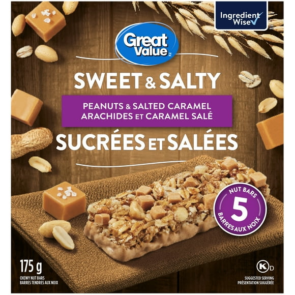 Great Value Sweet & Salty Peanut & Salted Caramel Chewy Nut Bars, 5 Nut bars, 175 g