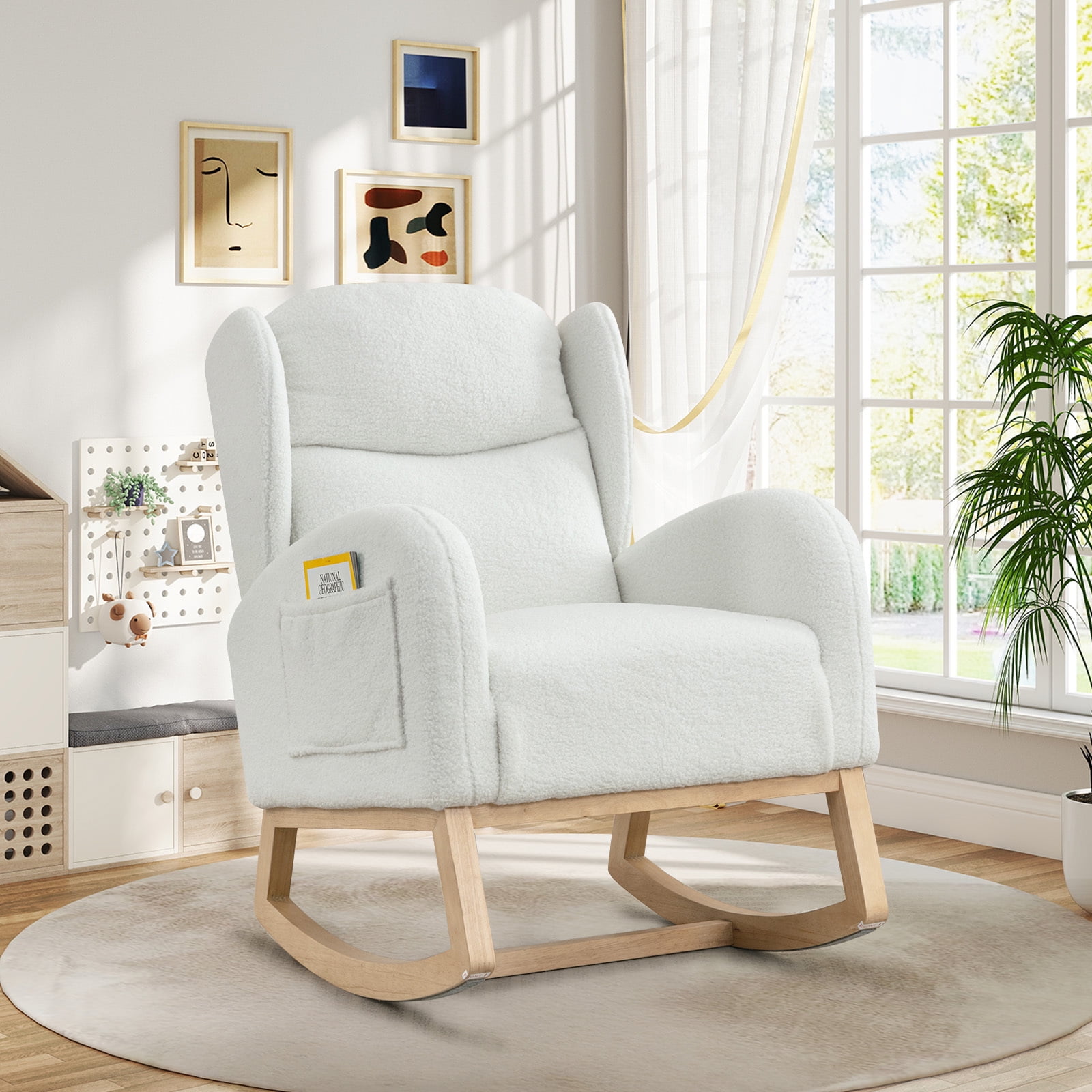 Lunale Indoor Rocking Chair Upholstered Accent Rocker Chair with Wood Legs Ivory Teddy